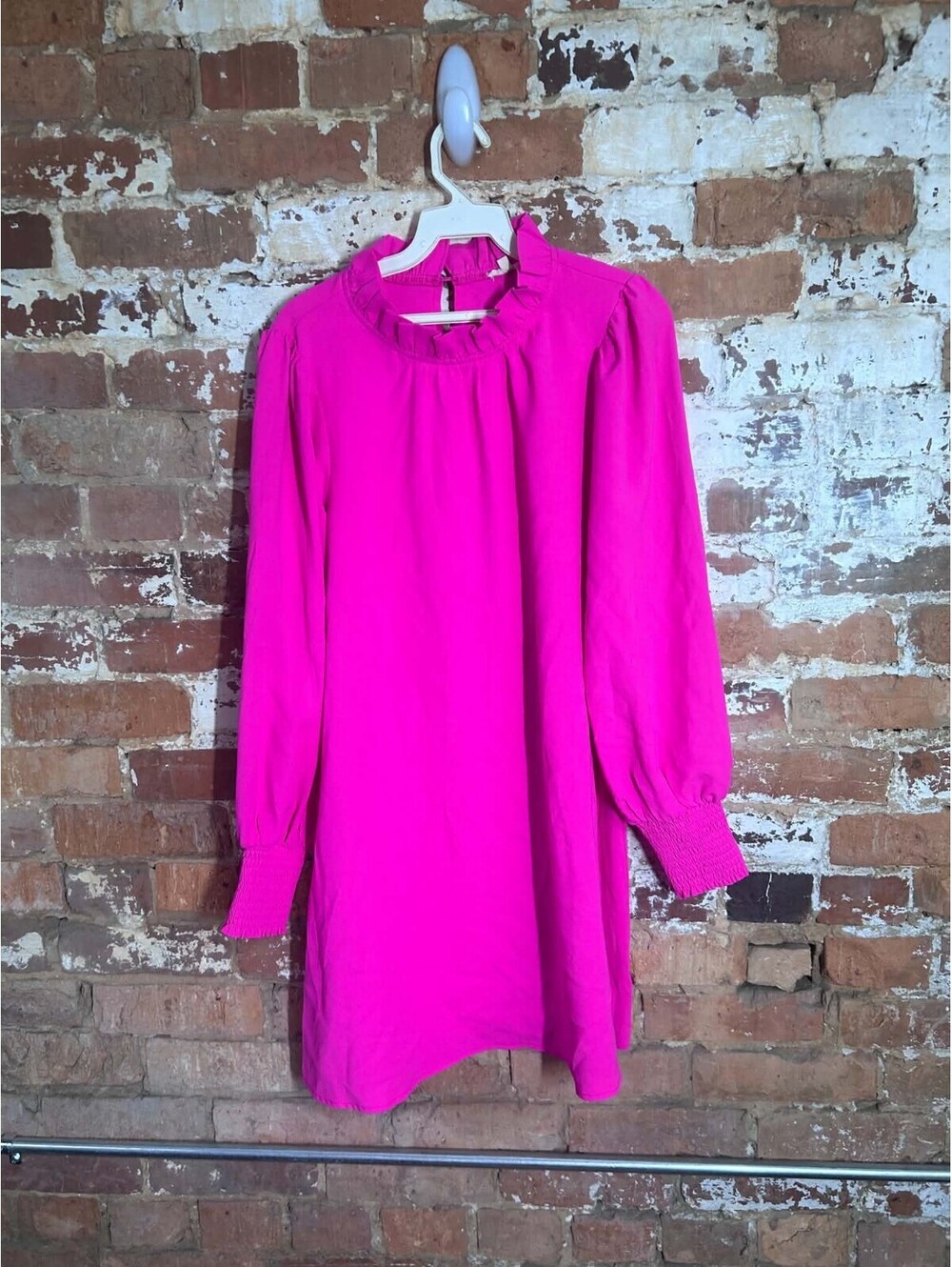 Jodifl Womens Small Hot Pink Ruffle Neck Long Sleeve Shift Mini Dress